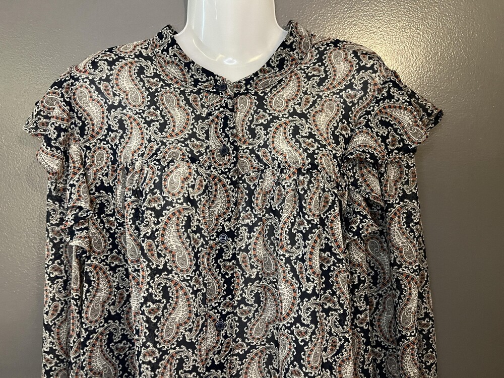 Banana Republic Blouse Womens XL Black Paisley Ruffle Henley Long Sleeve Top